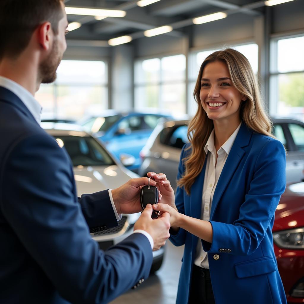 Satisfied Customer Receiving Car Keys at LMP Auto Service Center