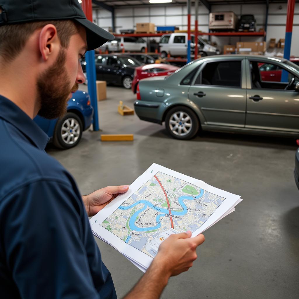 A customer locating a specific car part in a self-service salvage yard.