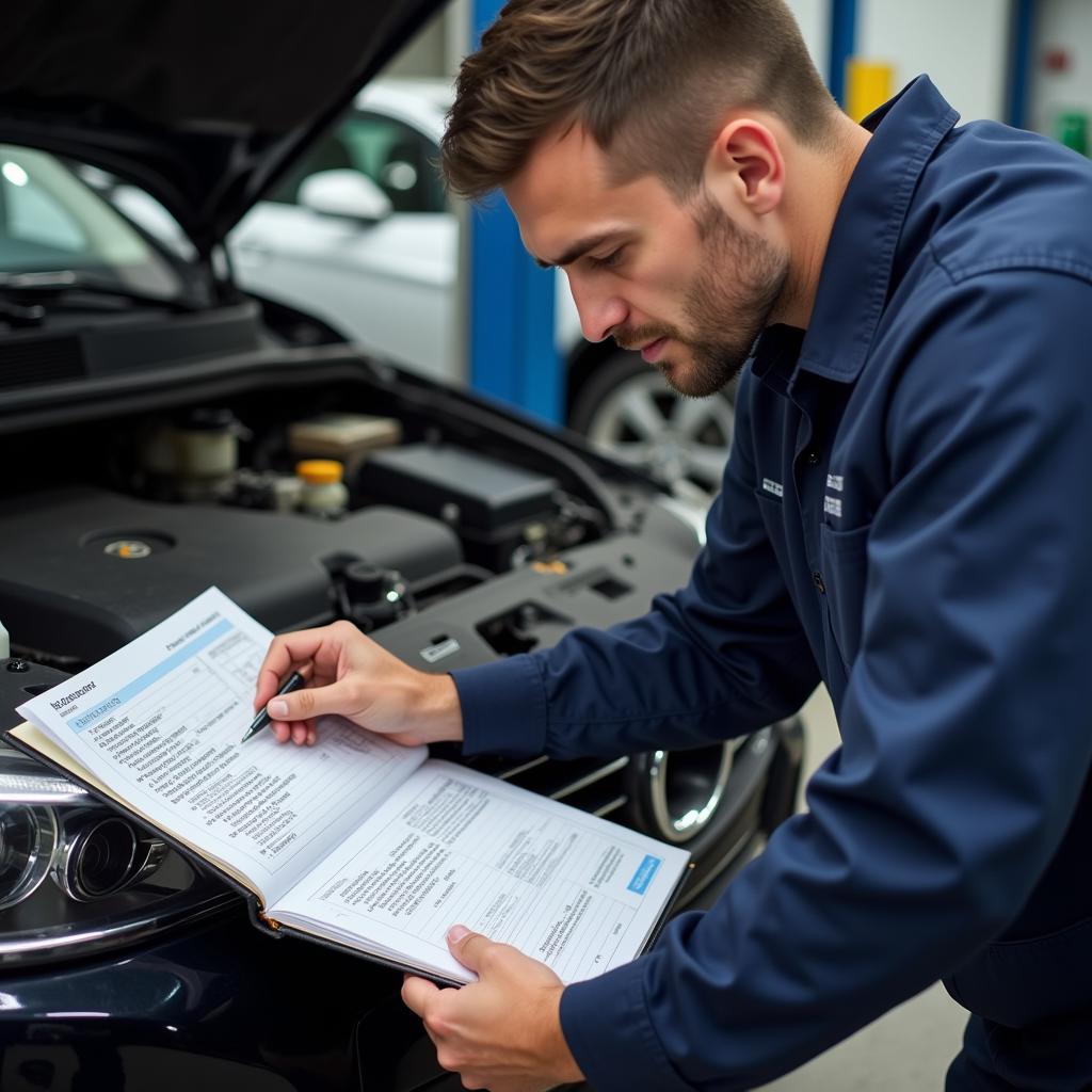 Log Book Service Essentials: A mechanic reviewing a car's log book and performing a routine check-up. The image showcases essential tools and the importance of following the manufacturer's recommendations.