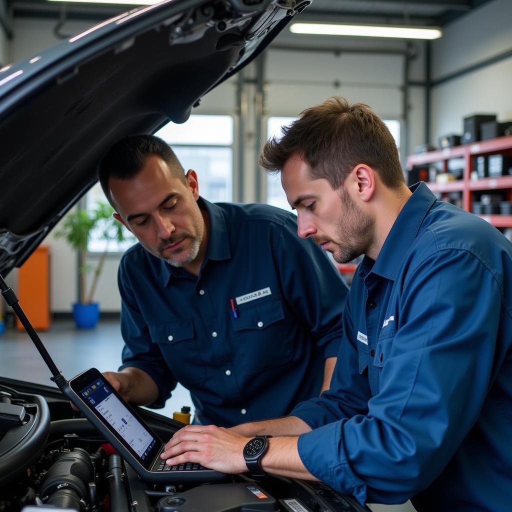 Los Amigos Auto Services Expert Technicians Using Diagnostic Equipment