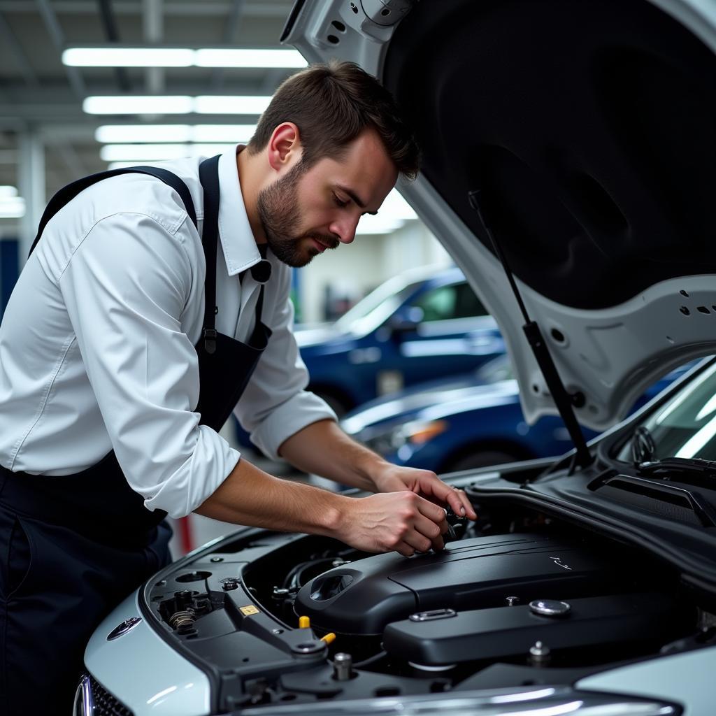 Experienced Technician Performing Maintenance on a Luxury Car