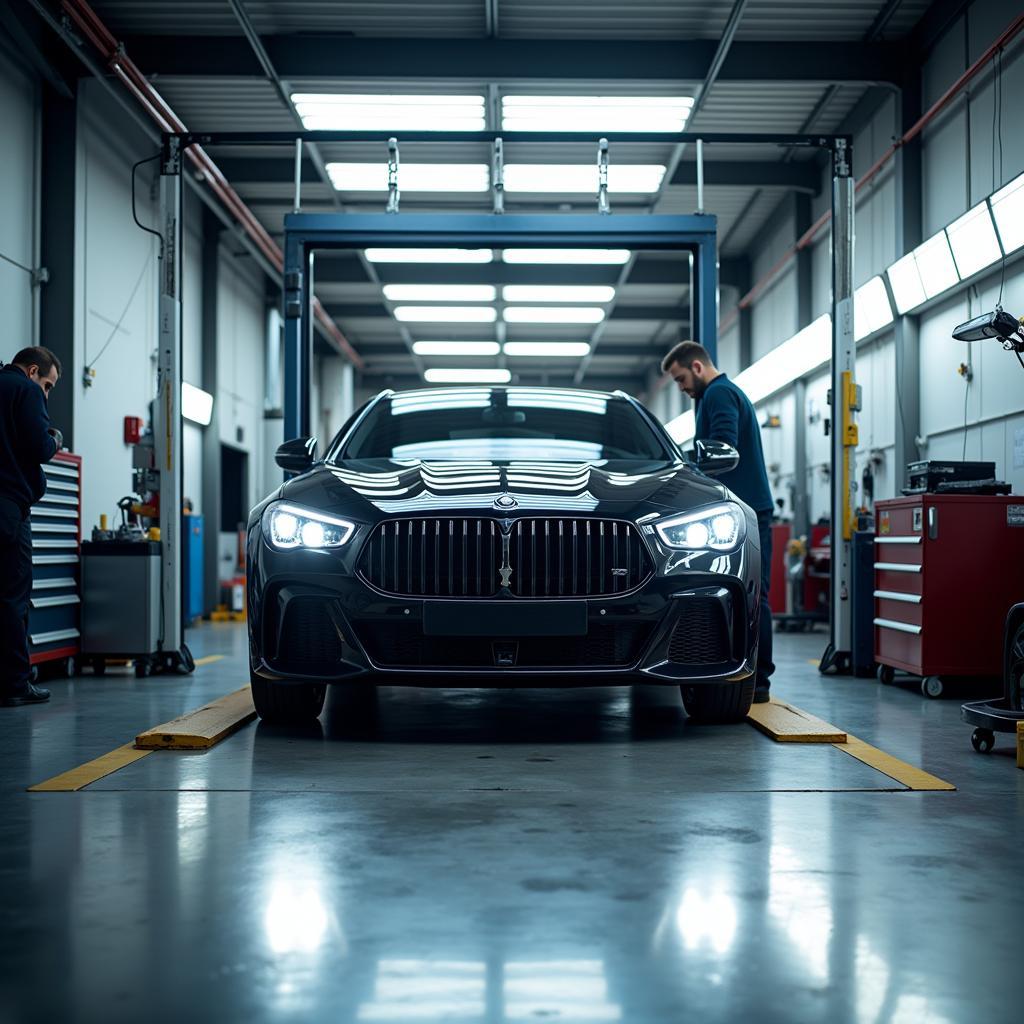 Luxury Car Undergoing Maintenance in a Prestige Auto Service Centre