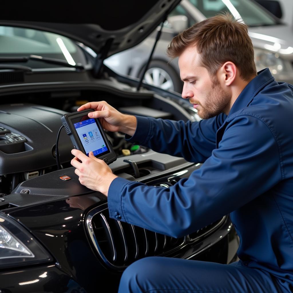 Mechanic using diagnostic tools to troubleshoot a car problem in a Markham auto service facility.