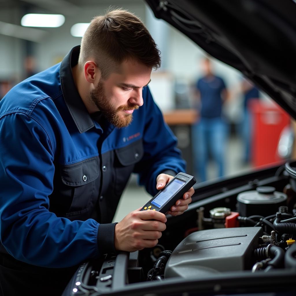 Mechanic in 68504 Diagnosing Car Problem Using Diagnostic Tool