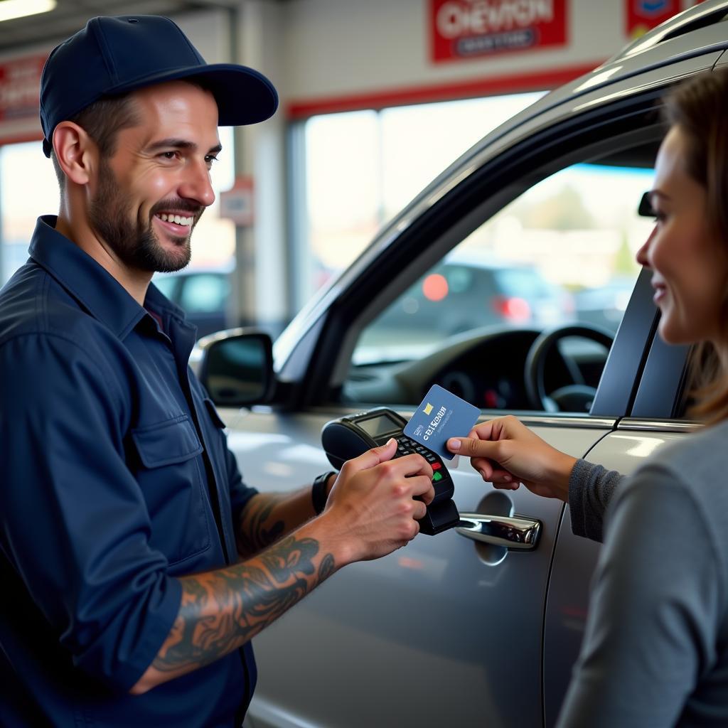 Mechanic accepting a Chevron card payment at an auto service shop