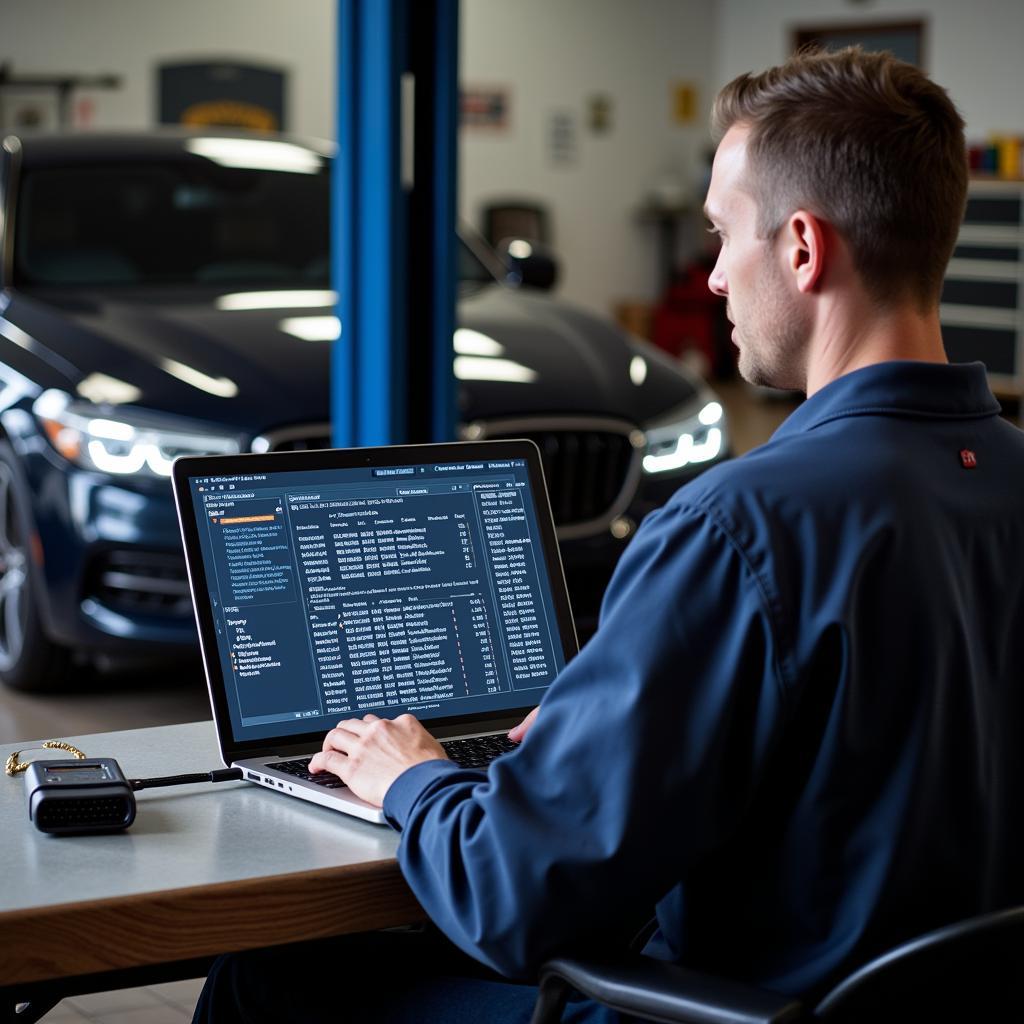 Mechanic Analyzing Diagnostic Data on a Laptop