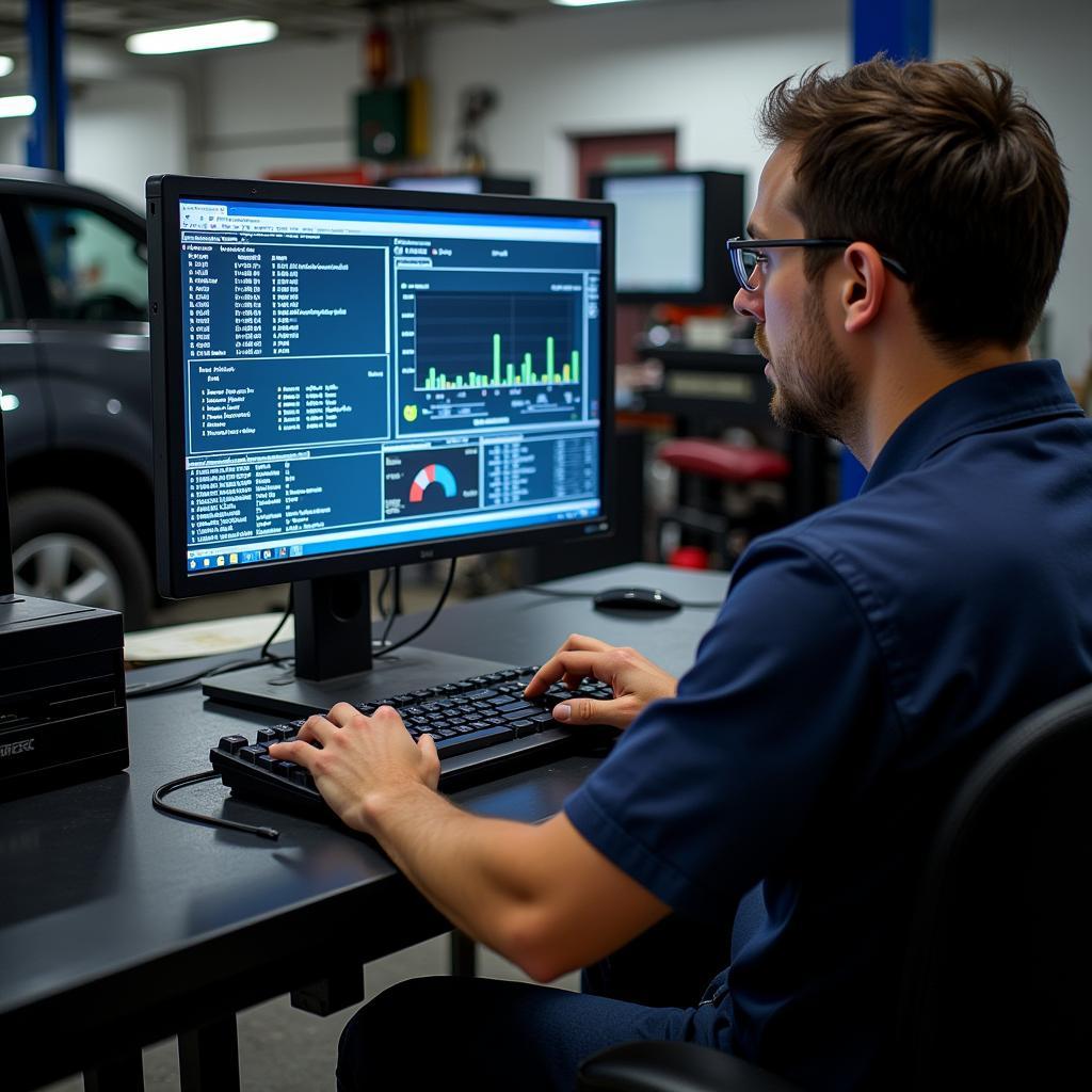 Mechanic Analyzing Diagnostic Data on Computer