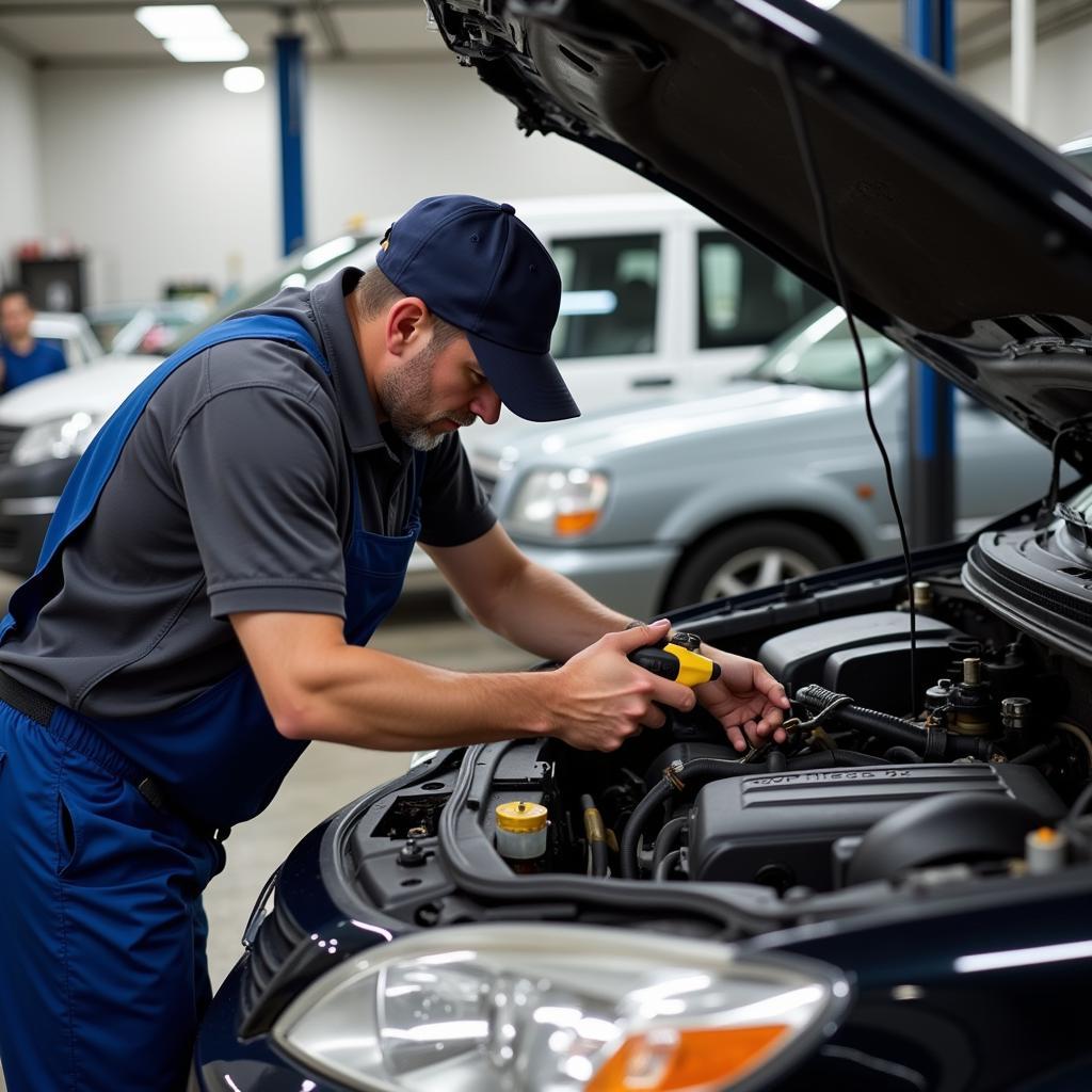 Mechanic Inspecting a Car's AC System