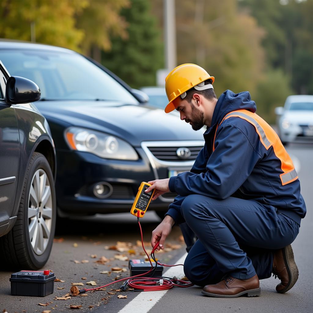 Mechanic Checking Car Battery at Roadside