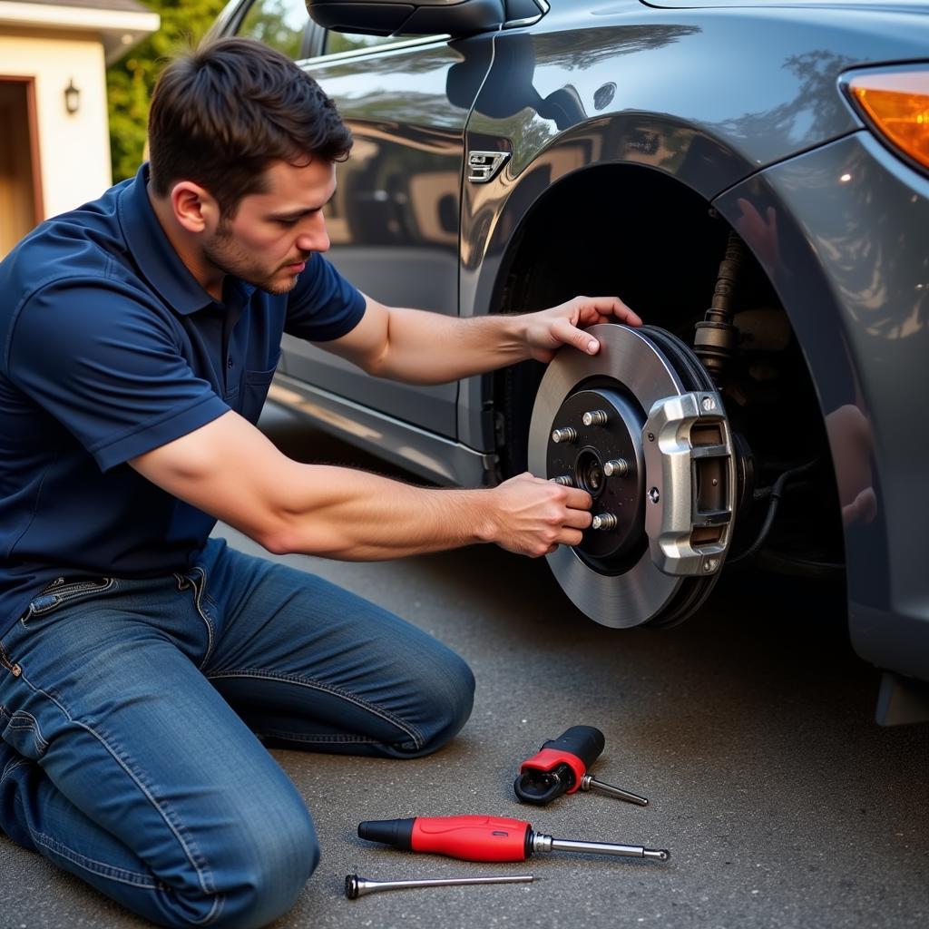 Mechanic Checking Car Brakes during Mobile Inspection