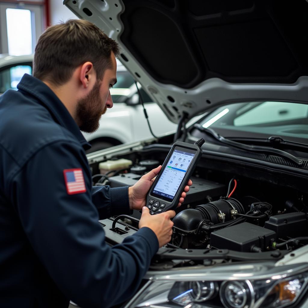 Mechanic using a diagnostic tool to check a car's engine