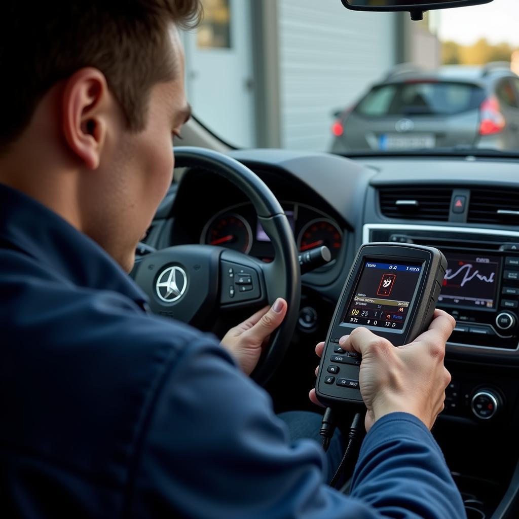 Mechanic Using a Diagnostic Tool on a Car