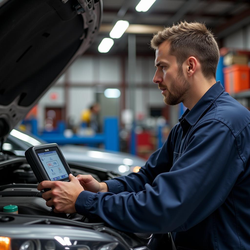 Mechanic Checking Car Diagnostics in St. Louis