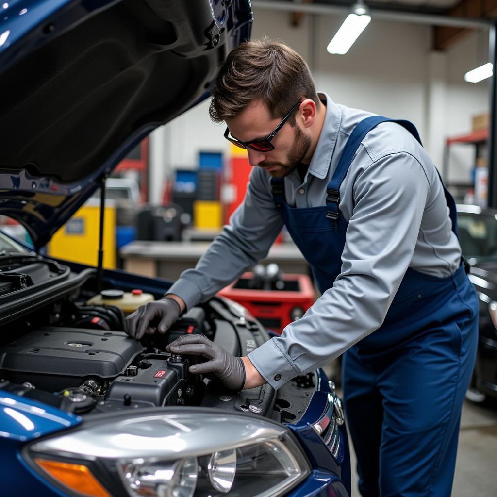 Mechanic checking car engine during vehicle maintenance