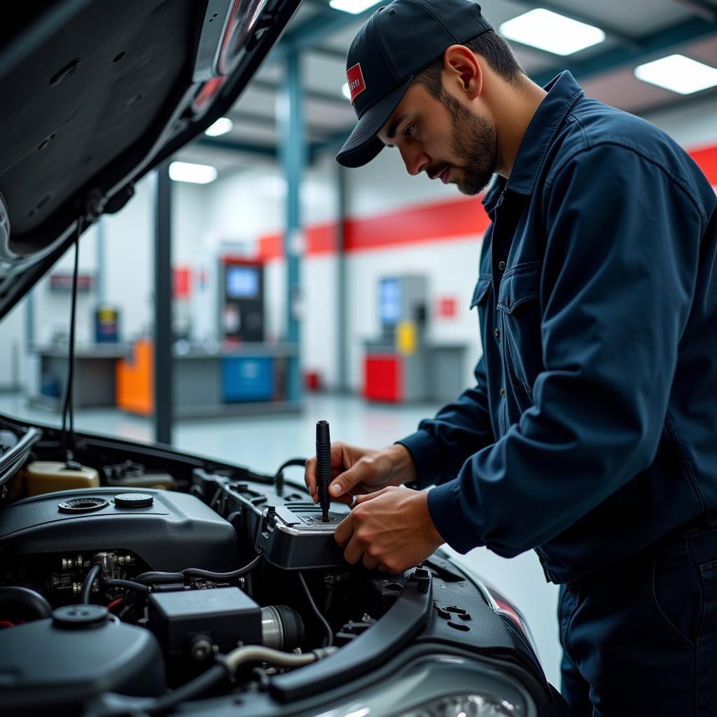 A mechanic inspecting a car engine at an auto service attached to an express gas station.