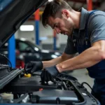 Mechanic inspecting a car engine in Covington, IN