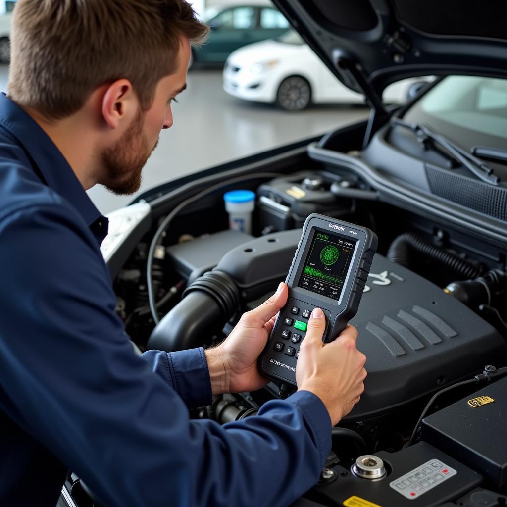 Mechanic Using Diagnostic Tools to Check Car Engine