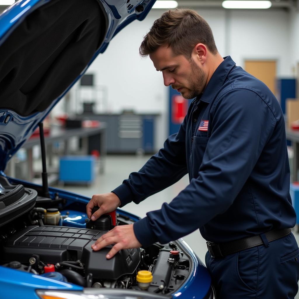 Mechanic checking car engine in a Riverview auto repair shop