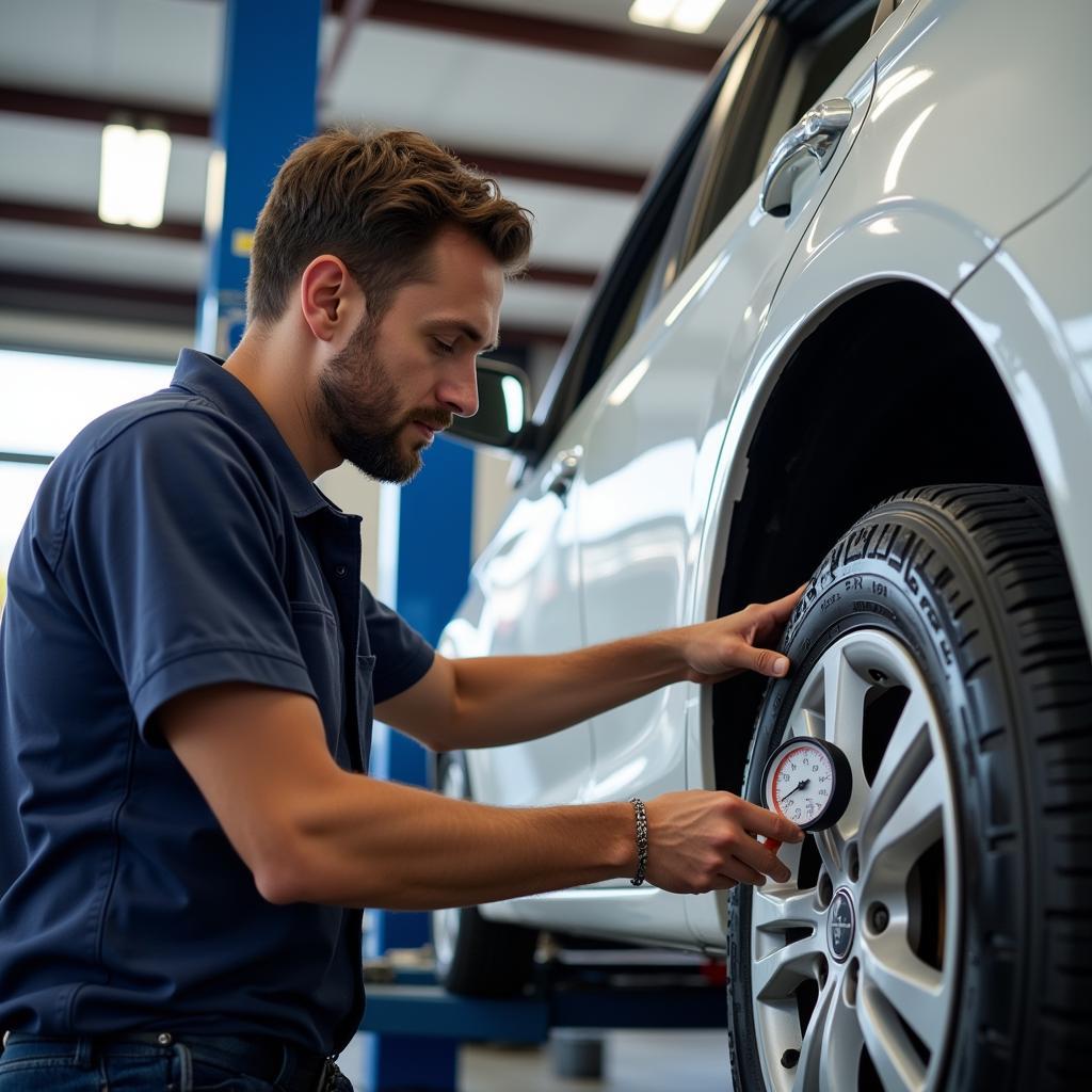 Mechanic Checking Tire Pressure at an Auto Service Station