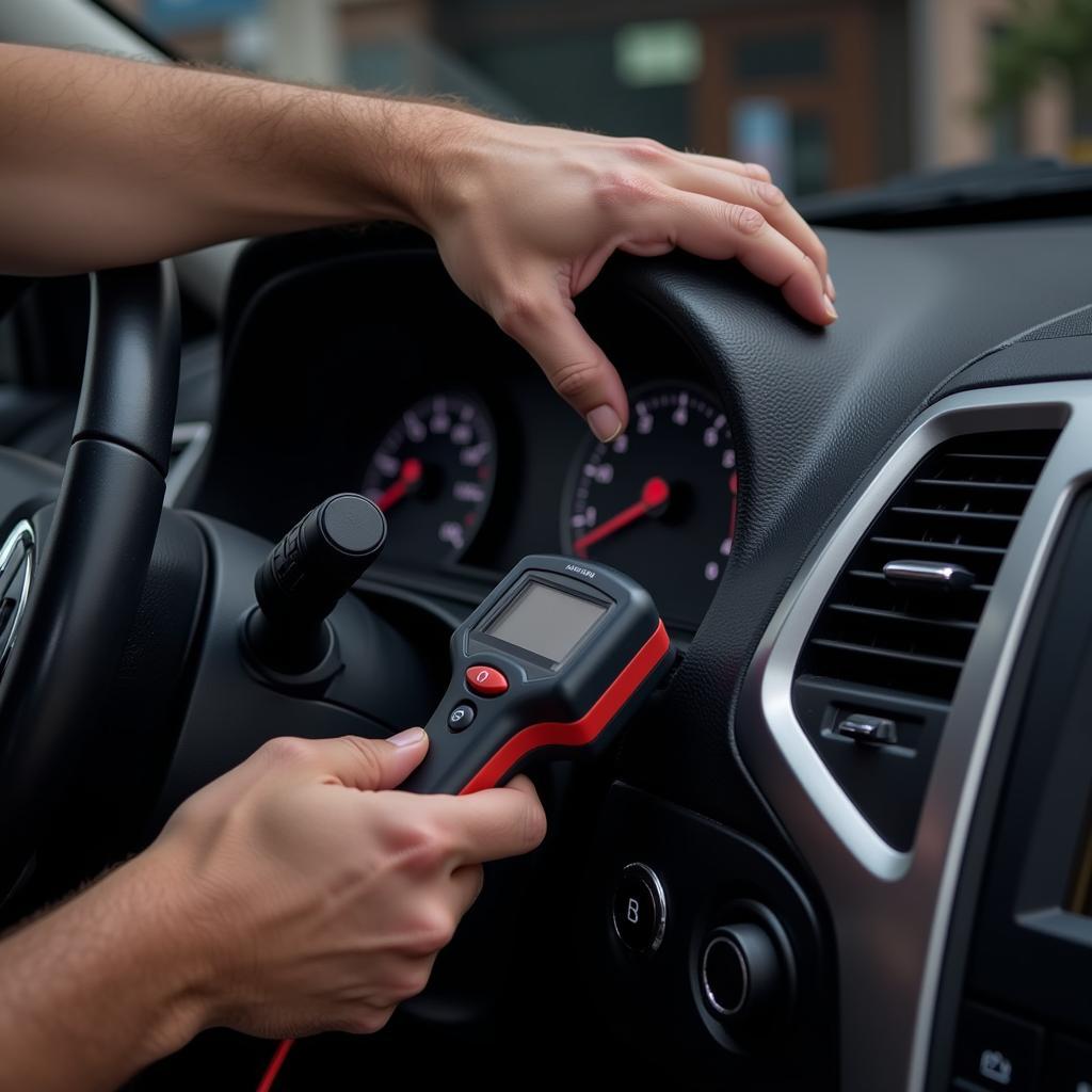 Mechanic connecting an OBD2 scanner to a car's diagnostic port.