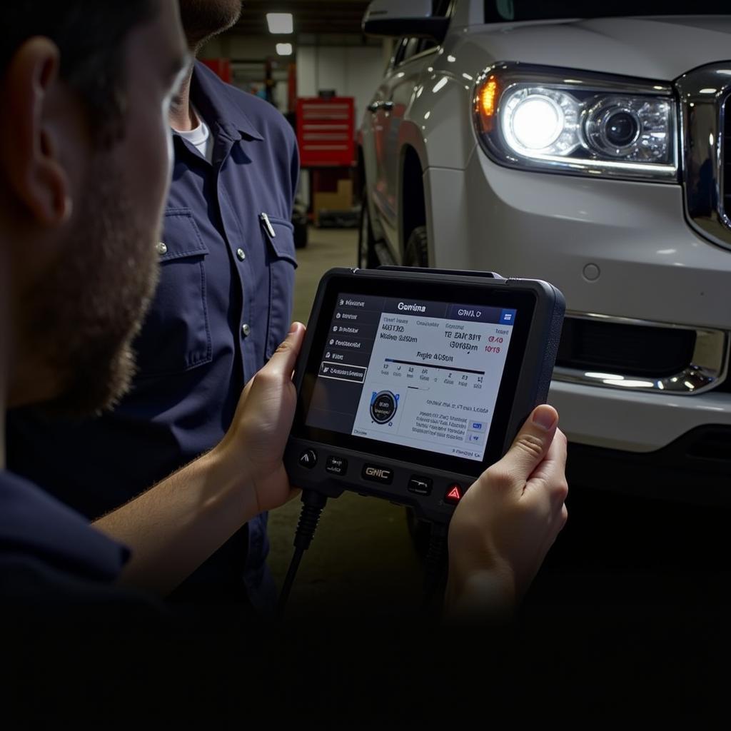 Mechanic using diagnostic equipment on a GMC Acadia in Calgary