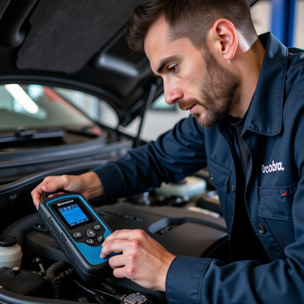 Mechanic diagnosing a Buick Regal using diagnostic equipment