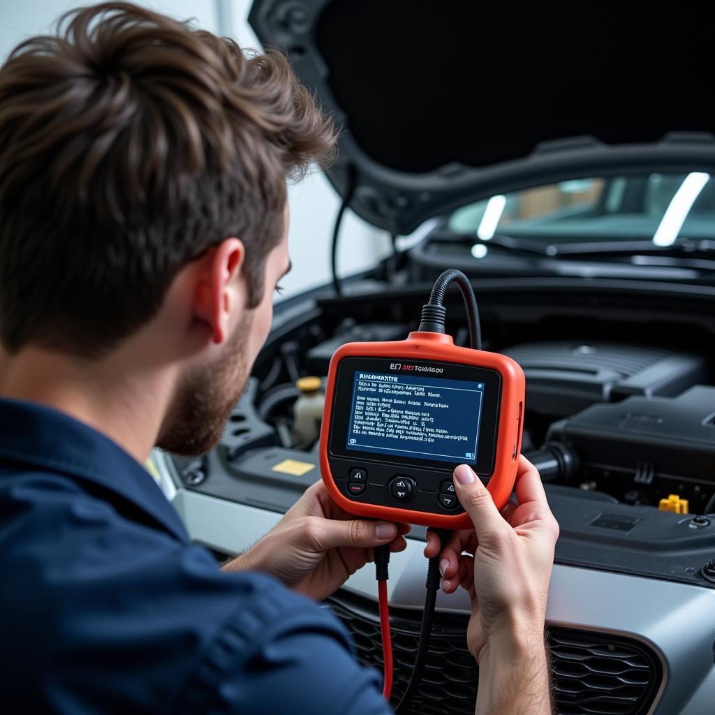 Mechanic Diagnosing Car Problem with Diagnostic Tool