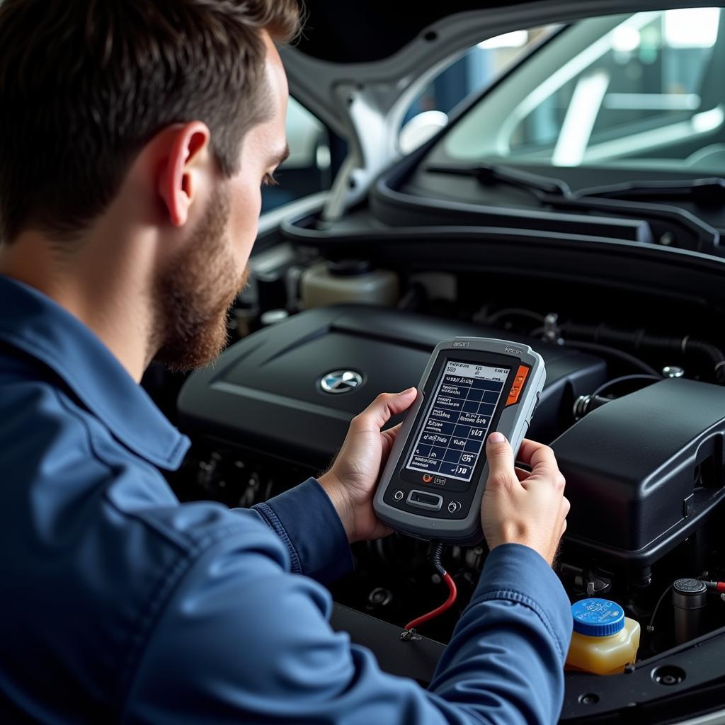 Mechanic diagnosing a car problem with diagnostic tools