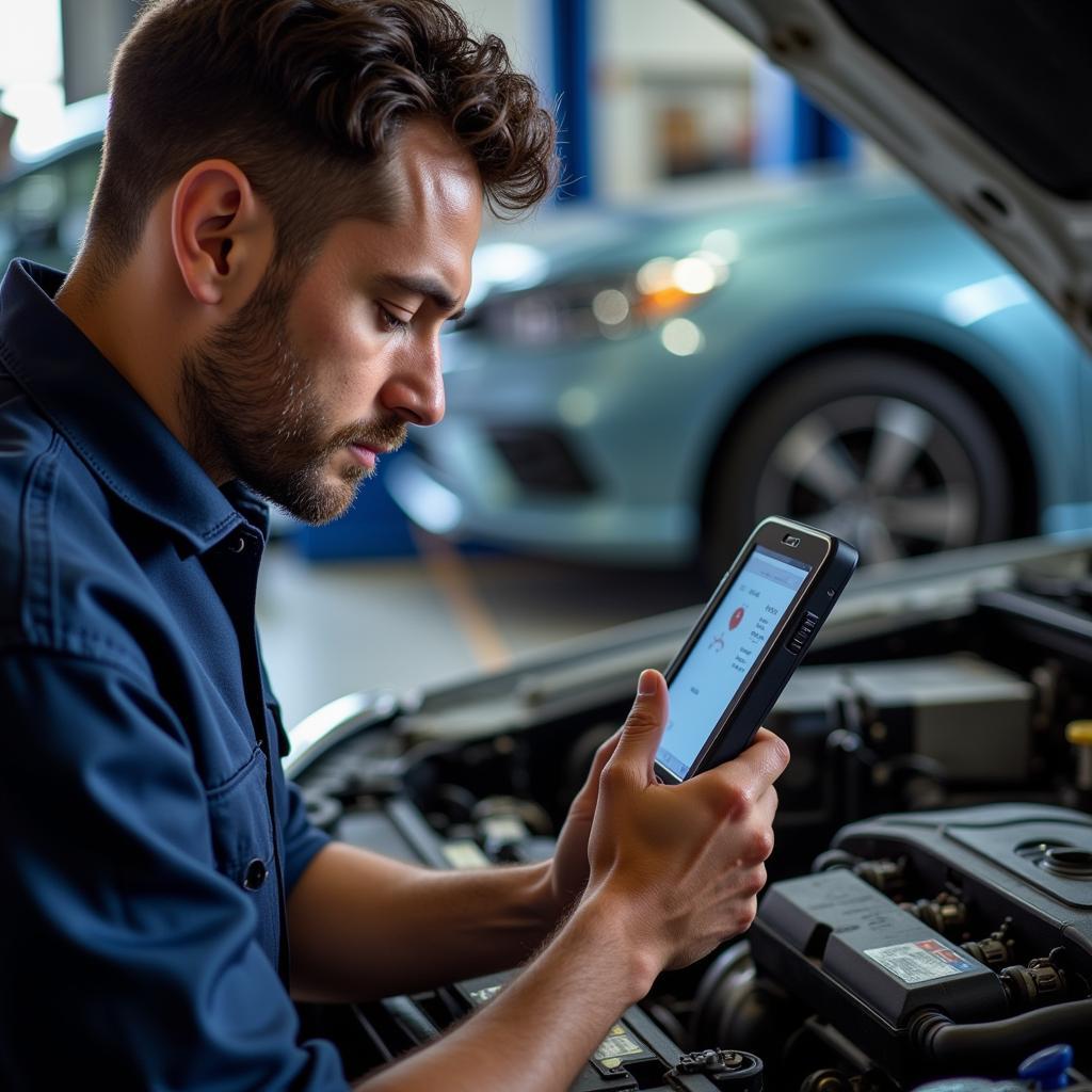 Mechanic using diagnostic equipment to identify a car problem.