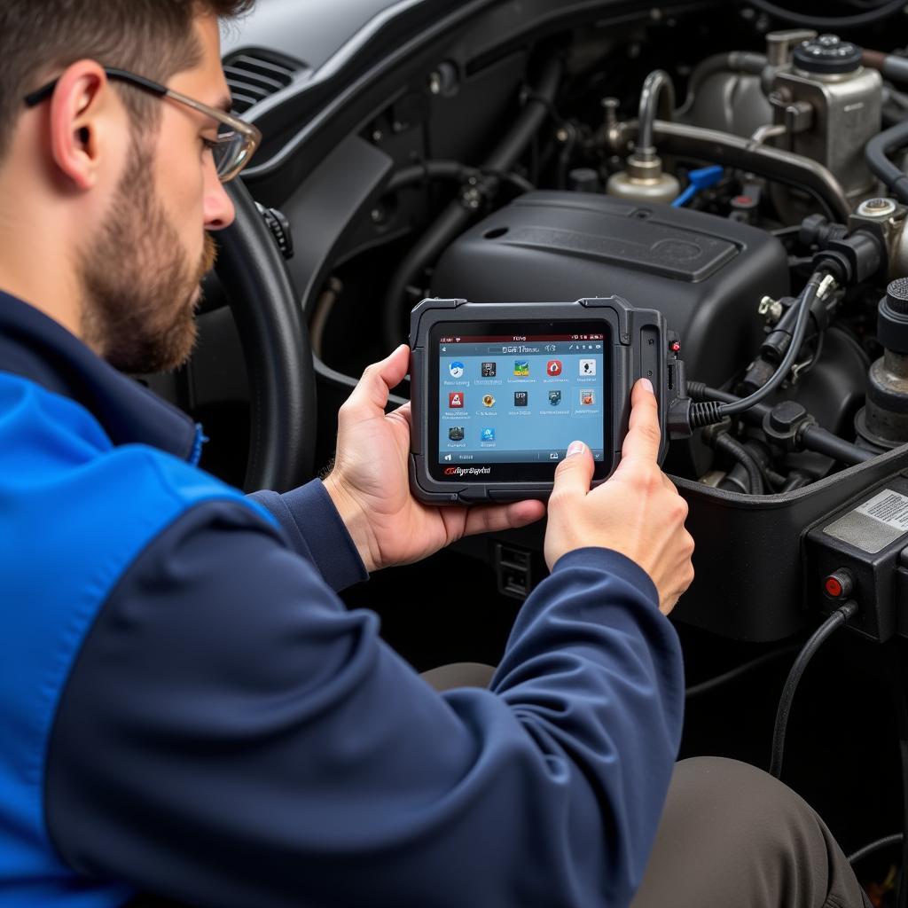 Mechanic Diagnosing Car Issue with Diagnostic Tool