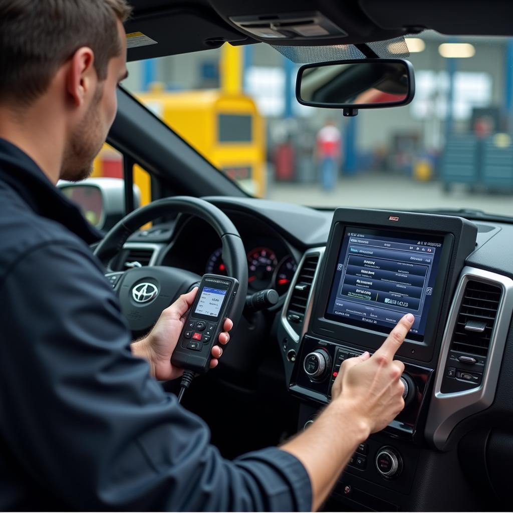 Mechanic Diagnosing Car Problem Using Computer Diagnostic Tool