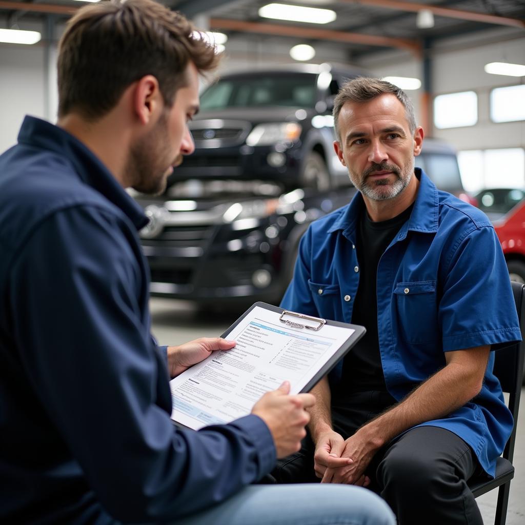 Mechanic Explaining Auto Inspection Report to Customer