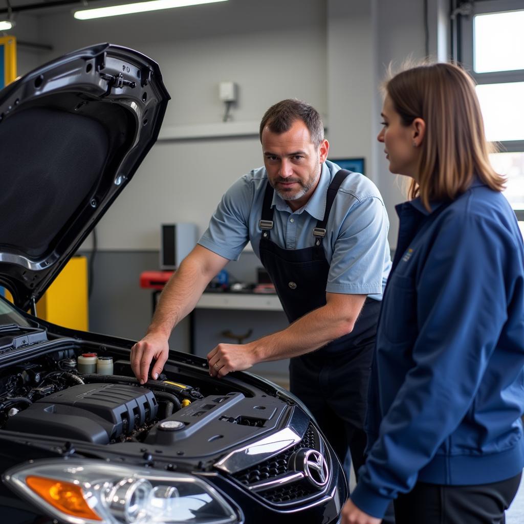 Mechanic Explaining Car AC System to Customer