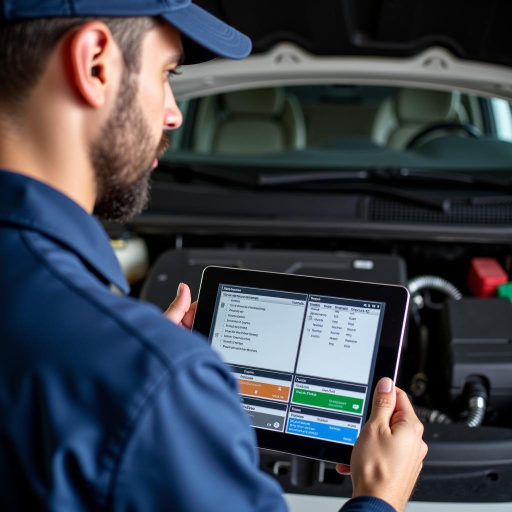 Mechanic explaining car diagnostic results to customer