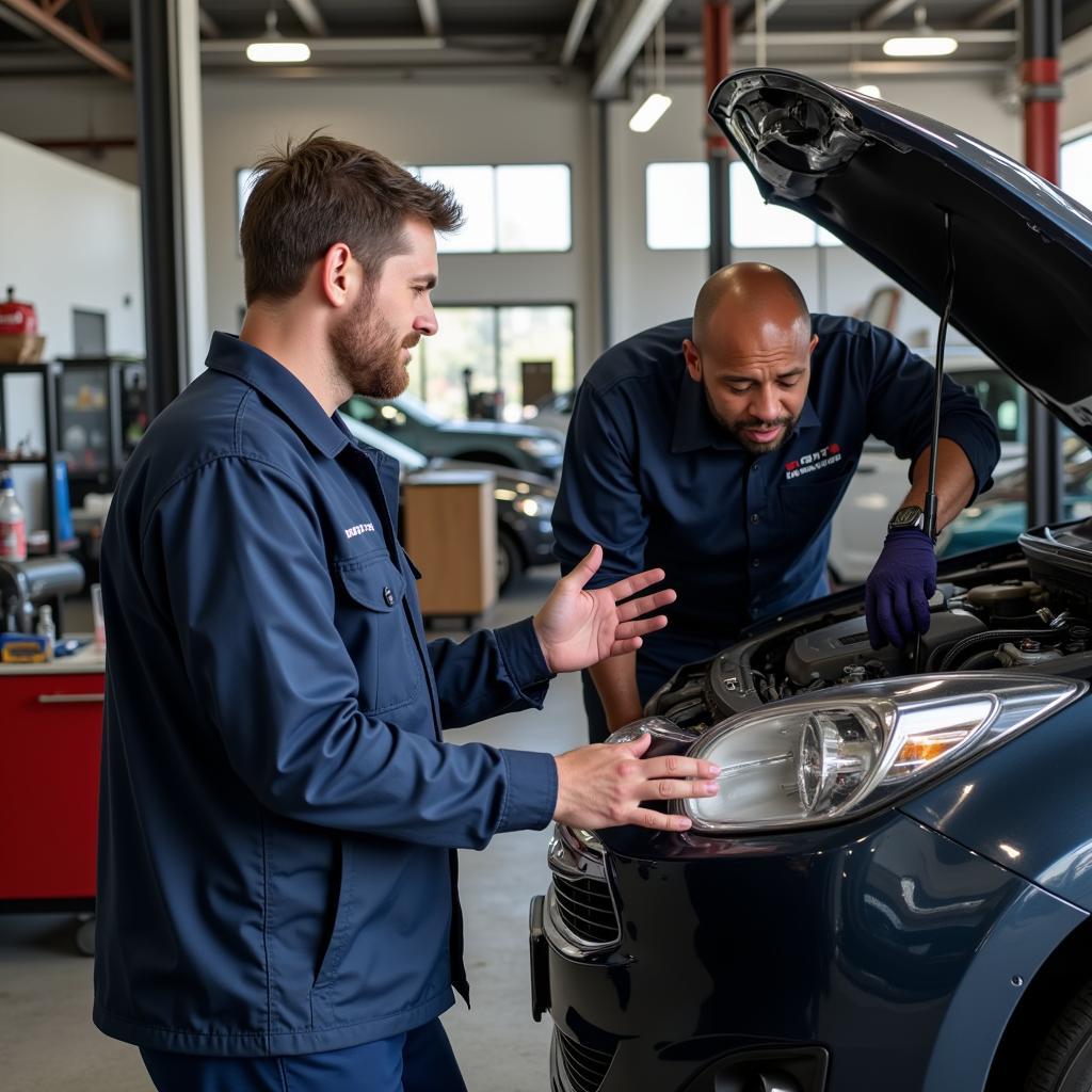 Mechanic Explaining Car Issue to Customer in 30115