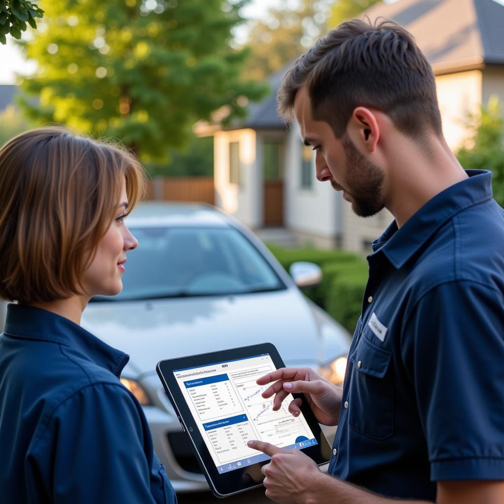 Mechanic explaining a car issue to the customer