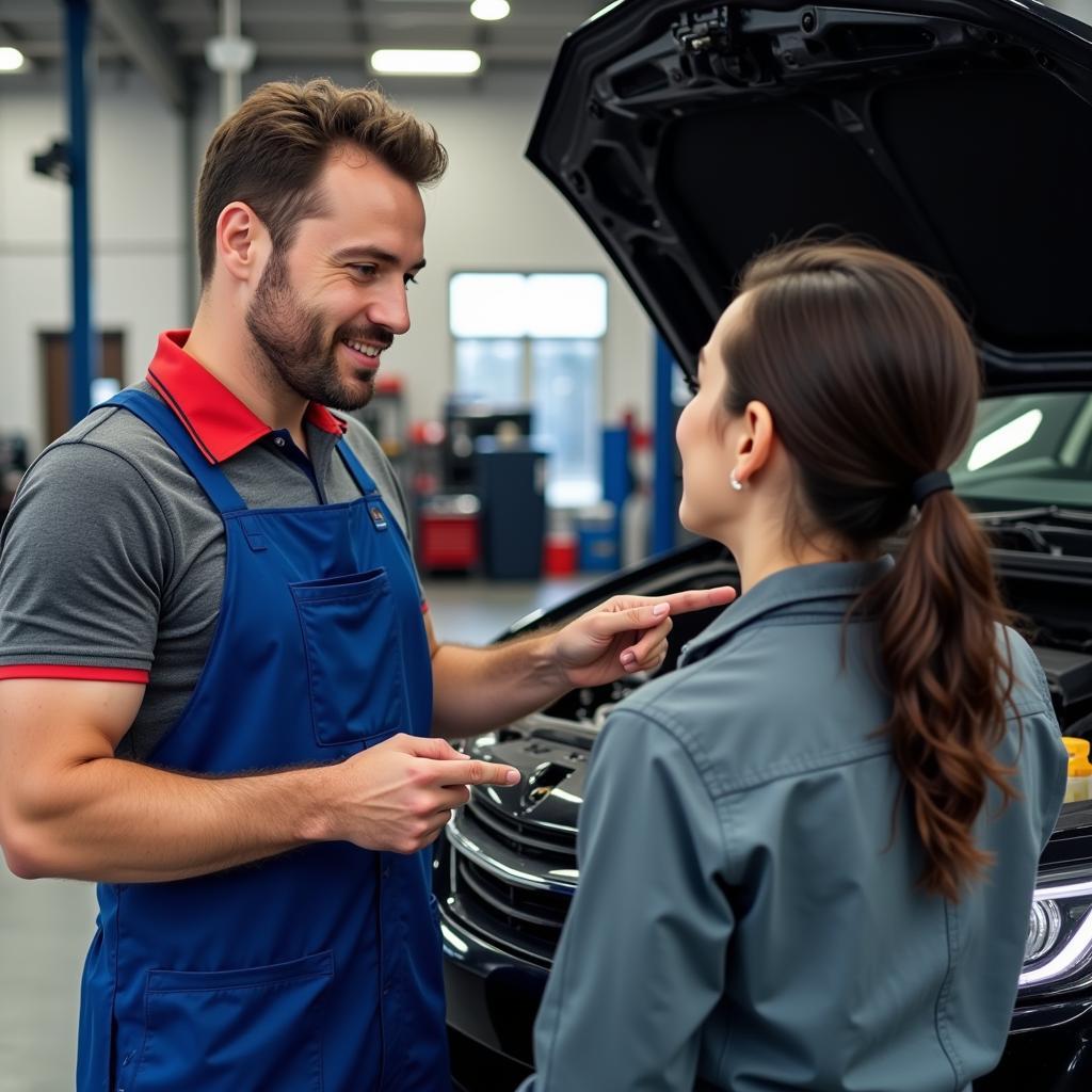 Mechanic Explaining Car Maintenance to Customer