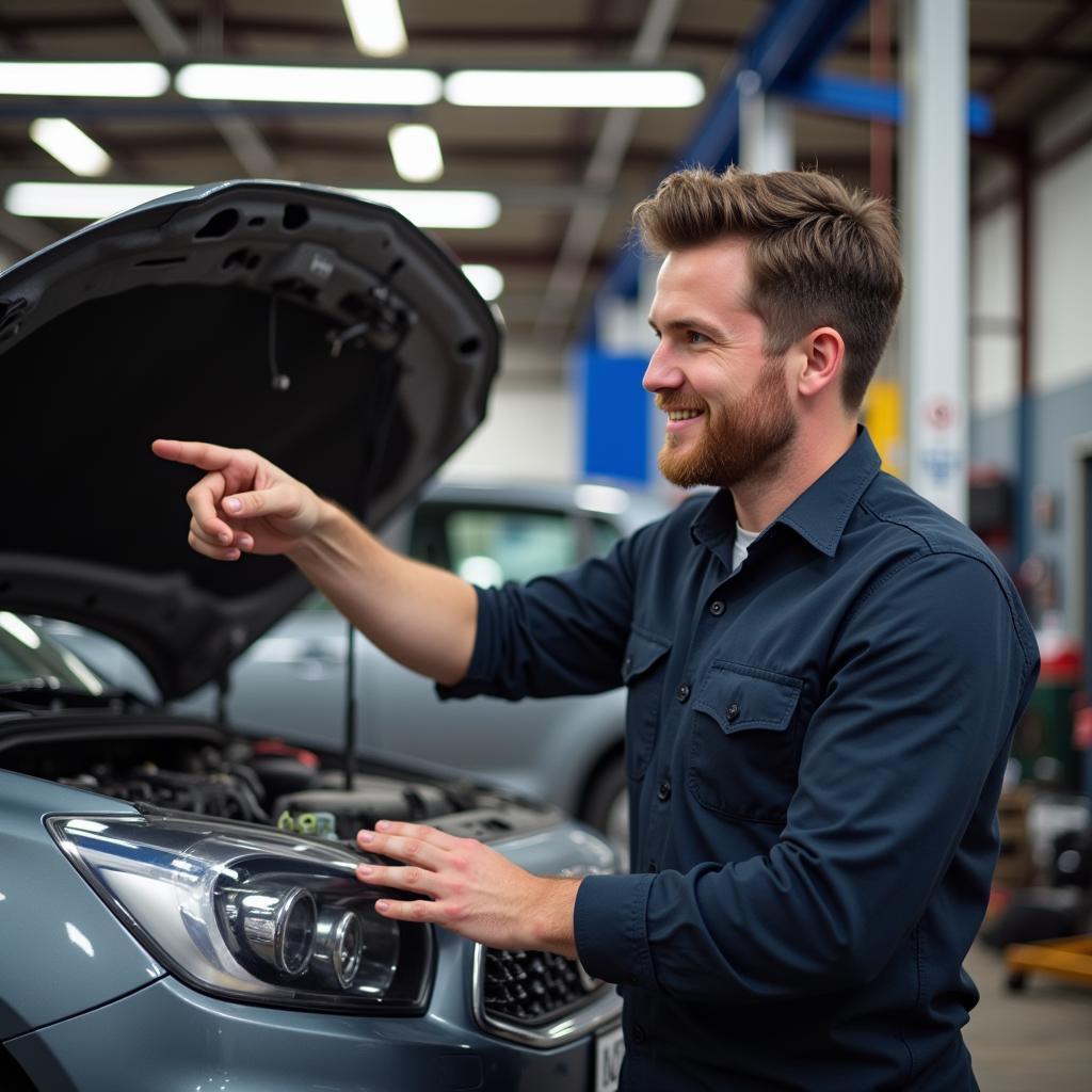 Mechanic explaining car repair to customer