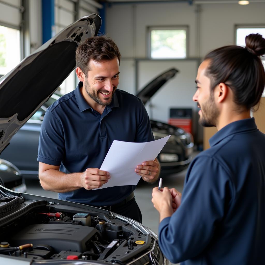 Mechanic Explaining Car Repair to Customer