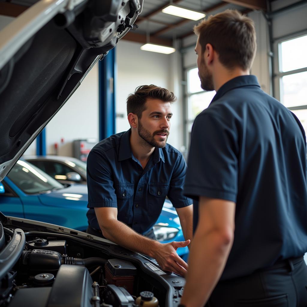 Mechanic Explaining Car Repair in Spokane Industrial Park