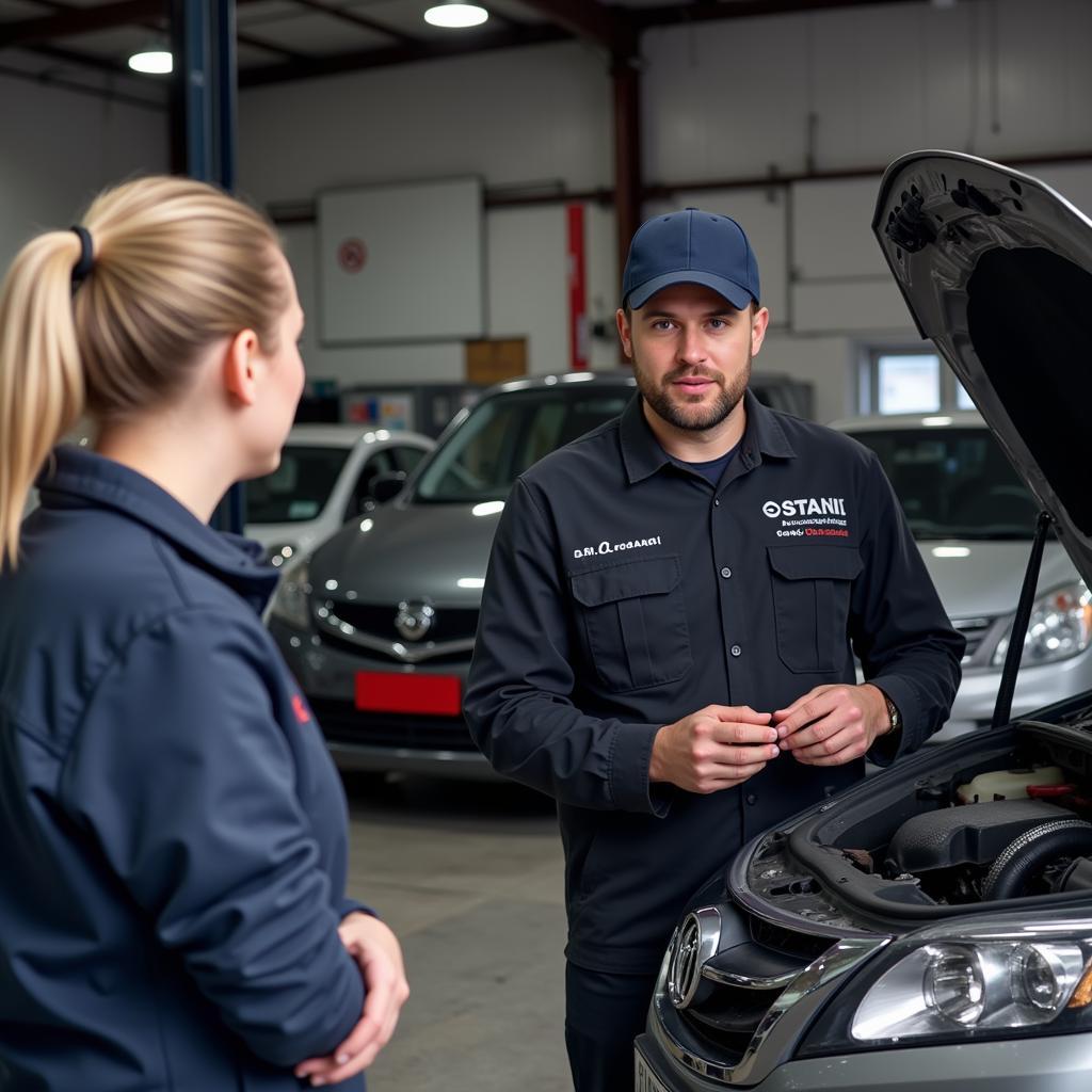 Mechanic Explaining Car Repair to Customer in Stanley Co Durham