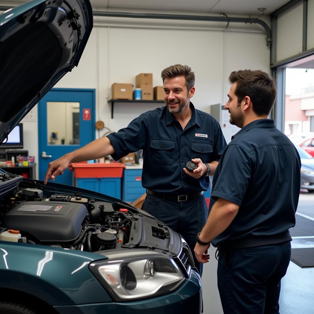 Mechanic explaining car repair to a customer in Seaton