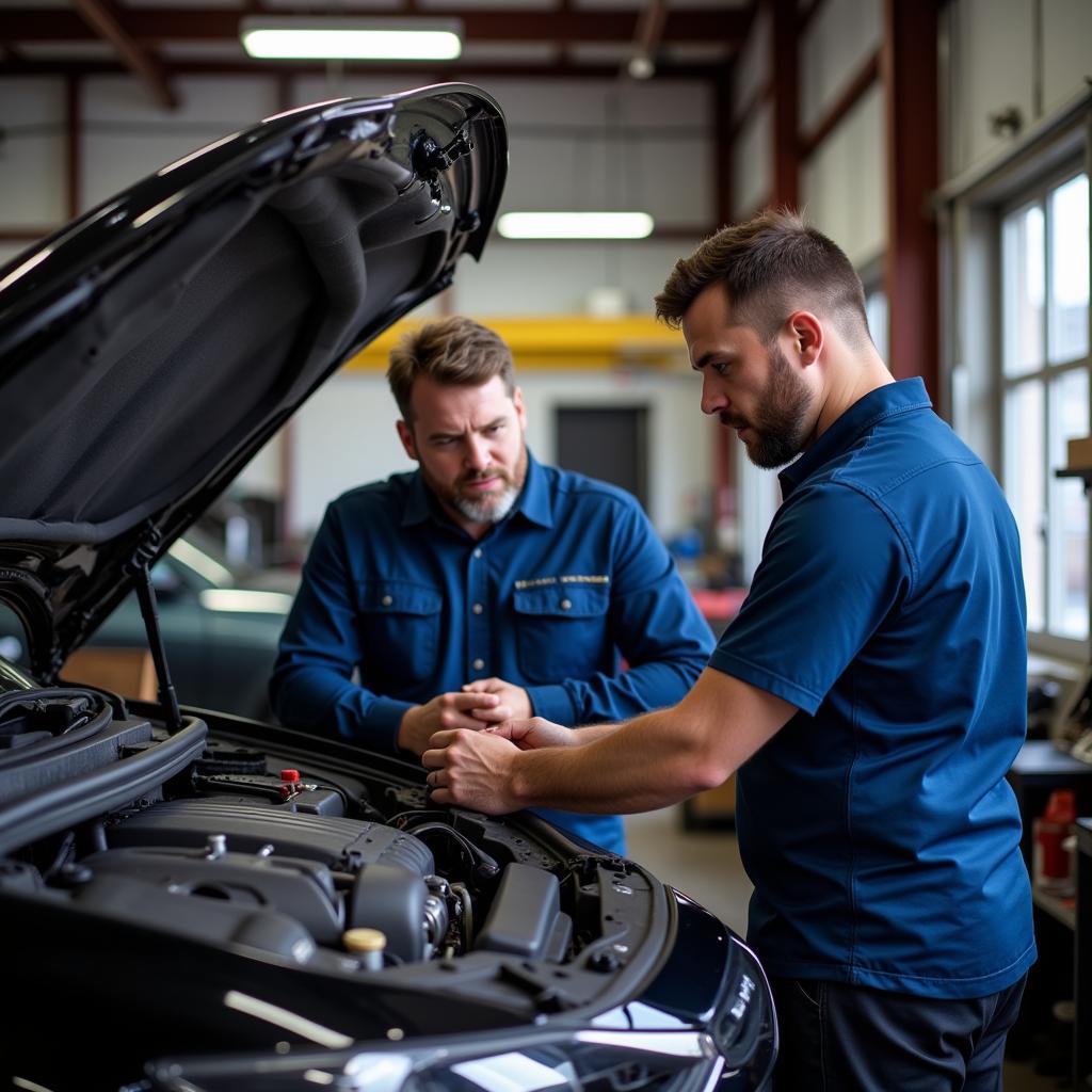 Mechanic Explaining Car Repair Details to Customer in Raleigh