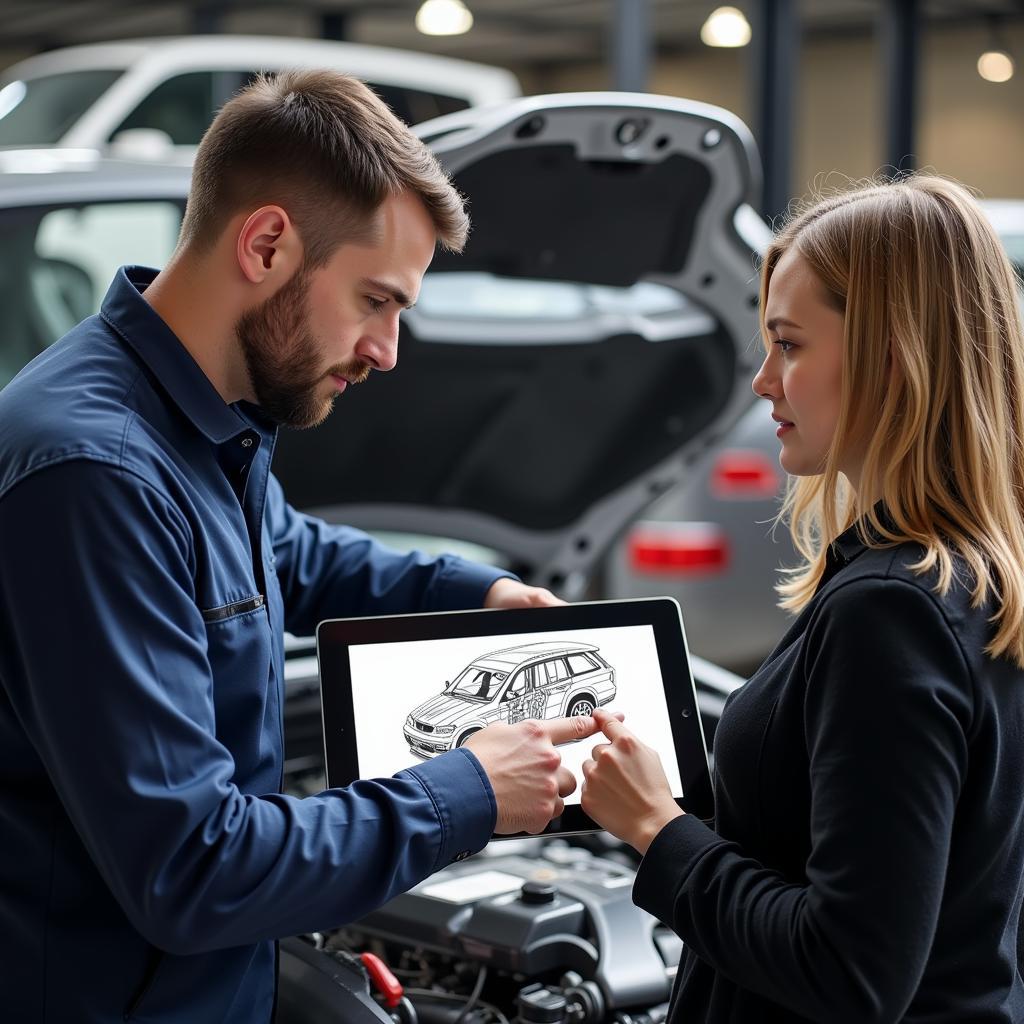 Mechanic Explaining Car Repair Details to Customer