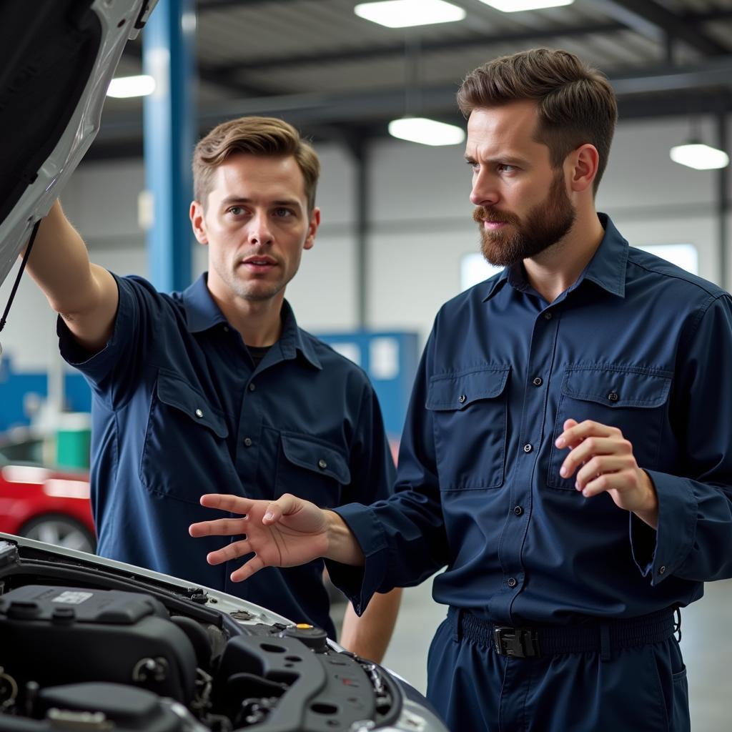 Mechanic Explaining Car Repair Details to a Customer