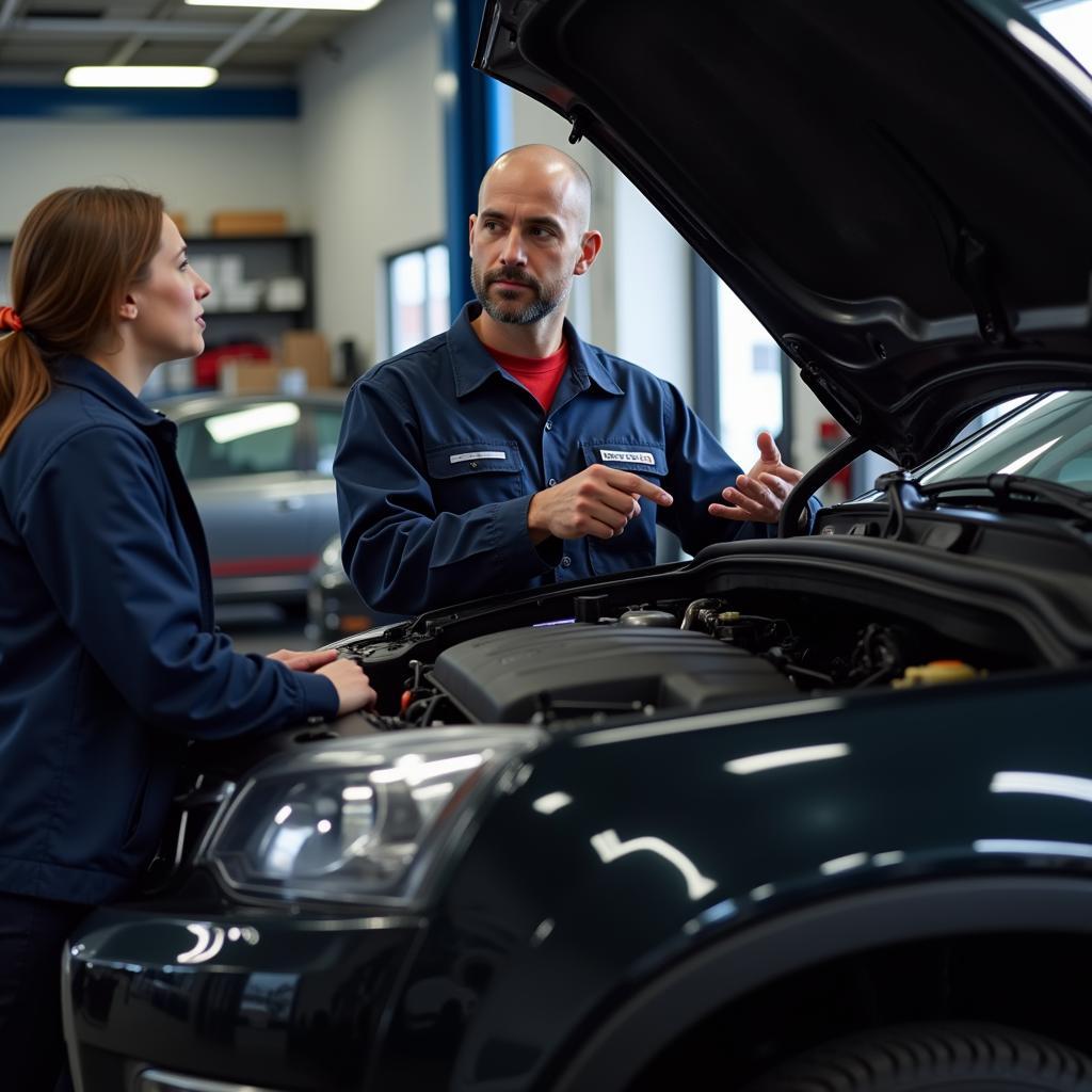 A qualified mechanic explaining the details of a car repair to a customer in a 7-12 auto service center.