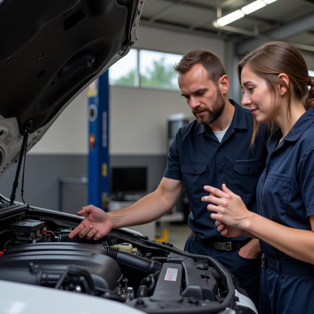 A mechanic explaining car repair details to a customer, fostering transparency and trust.