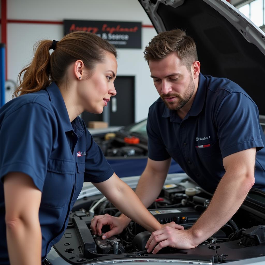 Mechanic explaining car repair to a customer