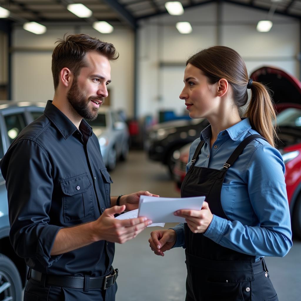 Mechanic Explaining Car Repair to Customer