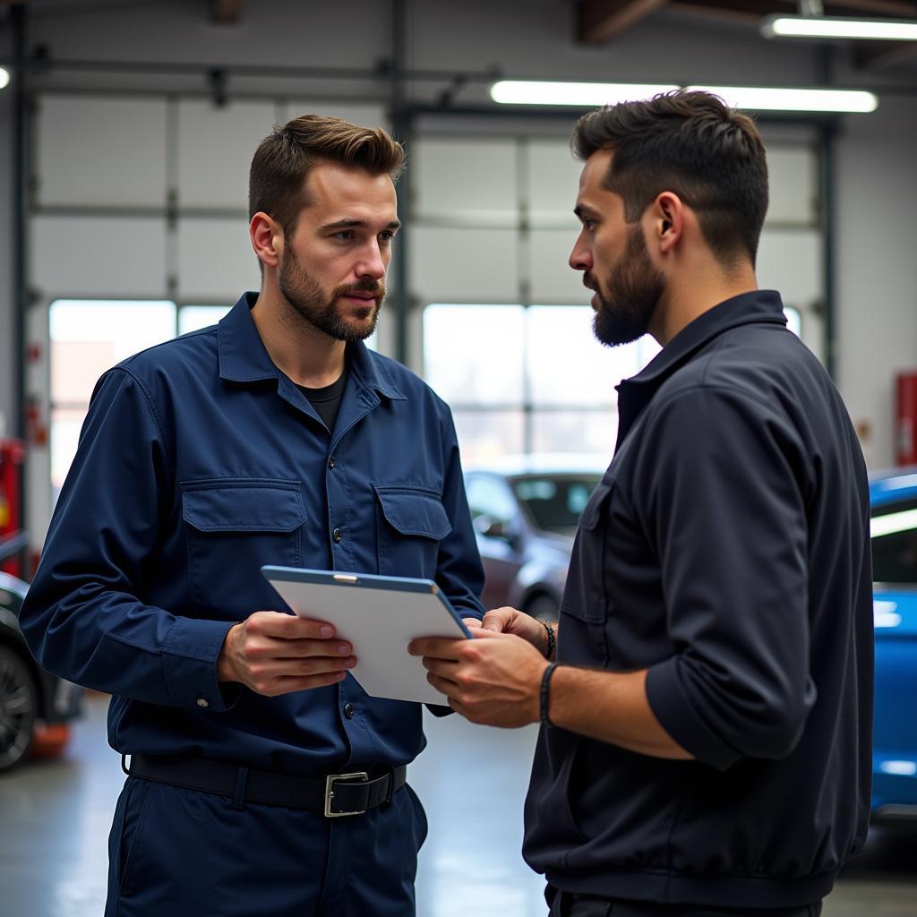 Mechanic Explaining Car Repair Details to Customer